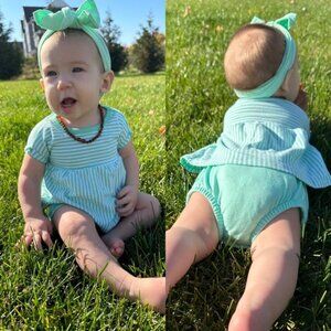 Cat & Jack | Teal & White Stripe Two Piece Dress Set & Bow | Size 0-3 Months